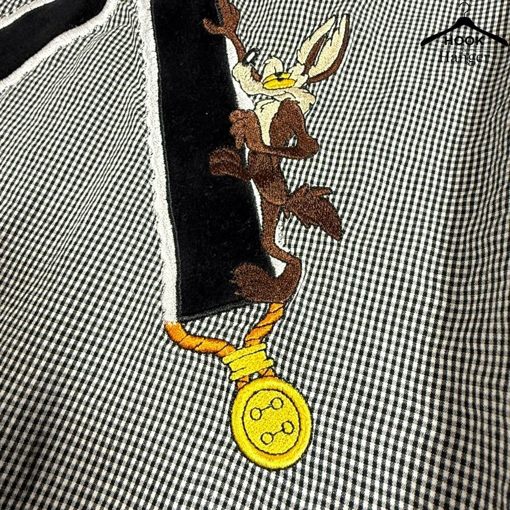 Vintage Warner Bros Looney Tunes Shirt XL Black White Gingham 90s Faux Suspender - Picture 9 of 13